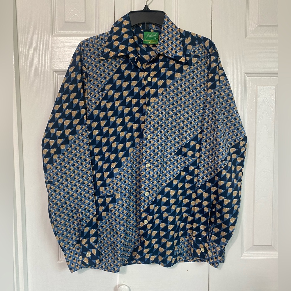 Joe Namath By Arrow Vintage Print Men's Shirt Size Medium Blue Tan *flawed*